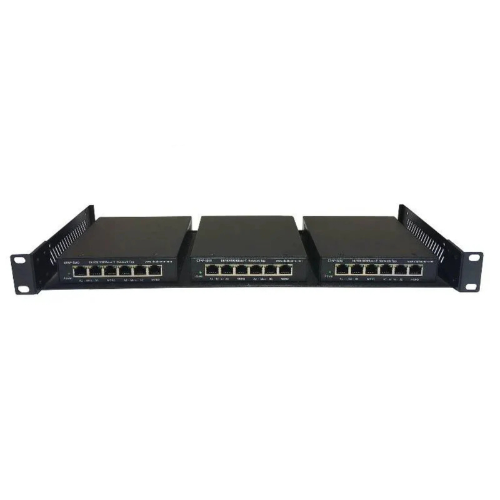 Drei Dualcomm Dual-Link/Dual-Mode Failsafe 10/100/1000Base-T ETAP-5203 Network TAP auf einem Rack
